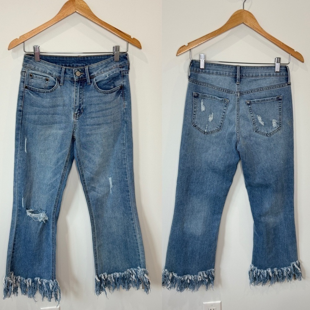Blue Denim Fringe Bottom Distressed Jeans (Size 26)